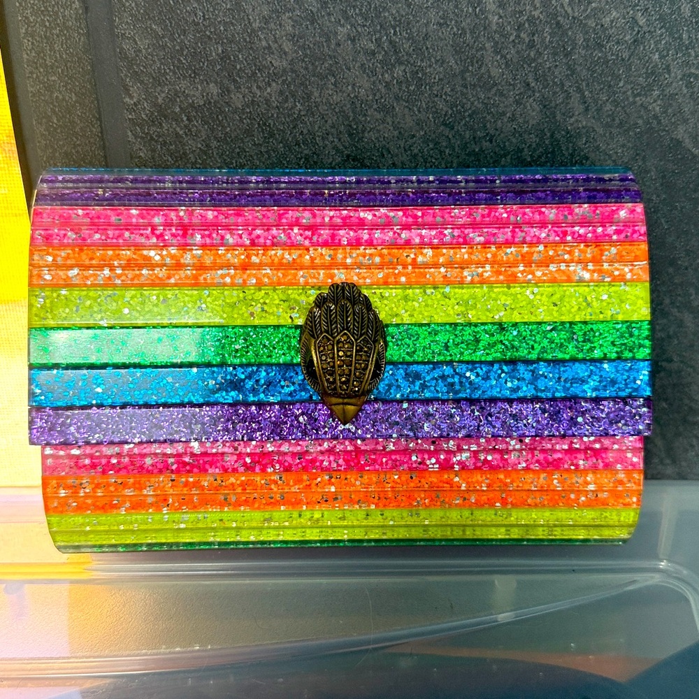 Kurt Geiger Neon Party Eagle Rainbow Glitter Clutch brand new with tag